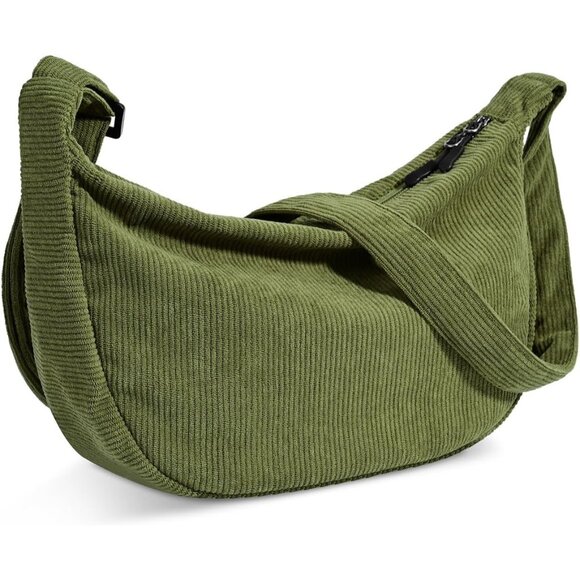 Women Corduroy Green Imported Polyester Crossbody Lightweight Crescent Sling Bag - Picture 7 of 7